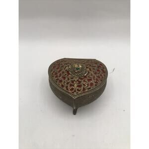 Vintage Trinket Box Heart Shape Footed Floral Filigree Flower Red Lining Japan